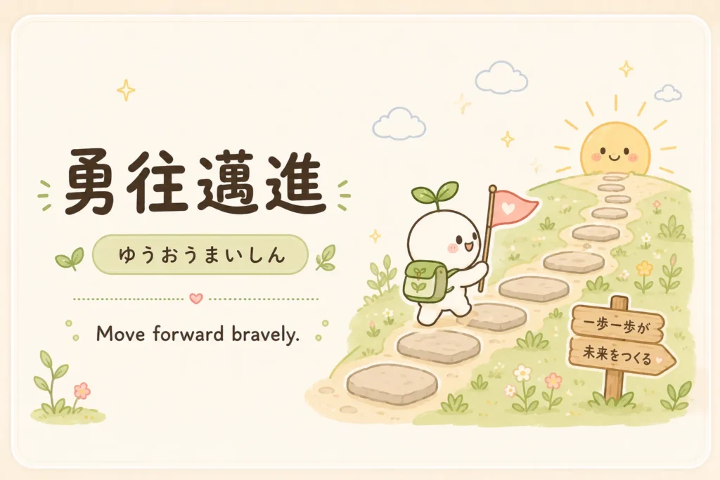 勇往邁進
ゆうおうまいしん · Yuuou maishin
Meaning: Move forward bravely.
Use it when: You want a quote about courage and forward momentum.