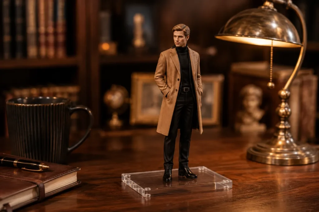 AI miniature photo of a male collectible figurine on an acrylic display base with a warm study background, desk lamp, books, and macro lighting
