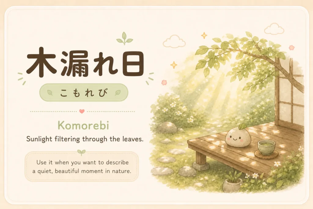 木漏れ日
こもれび · Komorebi
Meaning: Sunlight filtering through leaves.
Use it when: You want a beautiful Japanese word for a soft natural moment.
