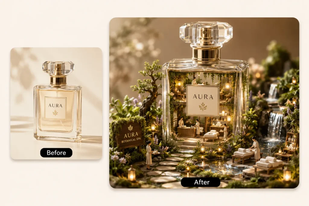 Before and after AI miniature photo showing a perfume bottle turned into a botanical spa diorama