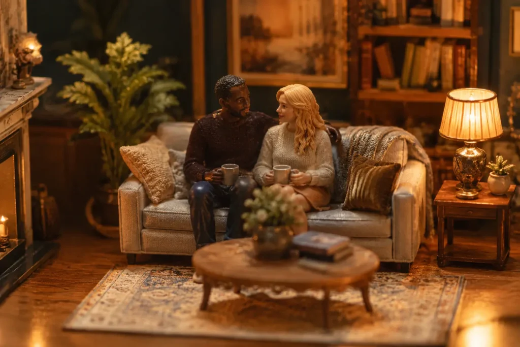 AI miniature photo of a cozy living room diorama with a tiny couple, warm lamp light, bookshelves, plants, and realistic furniture details