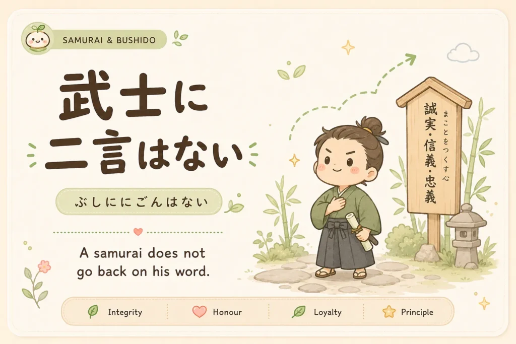 武士に二言はない
ぶしににごんはない · Bushi ni nigon wa nai
Meaning: A samurai does not go back on his word.
Use it when: You want a quote about honor and keeping promises.