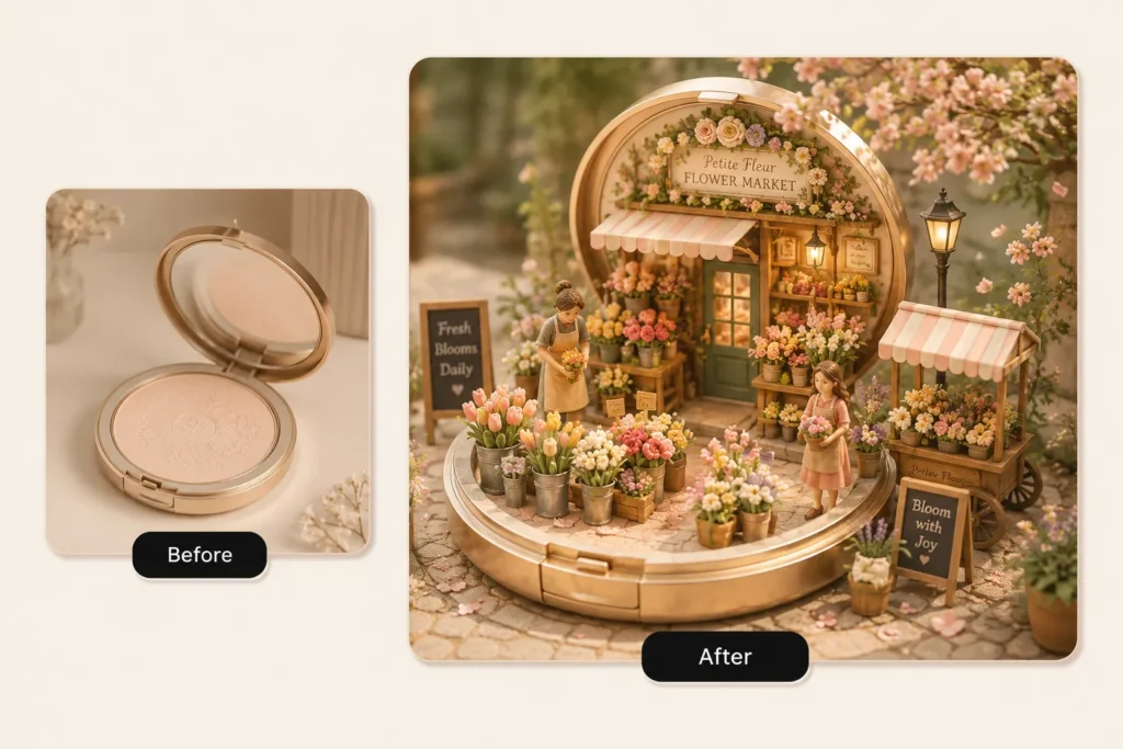 Before and after AI miniature photo showing a makeup compact turned into a tiny flower market