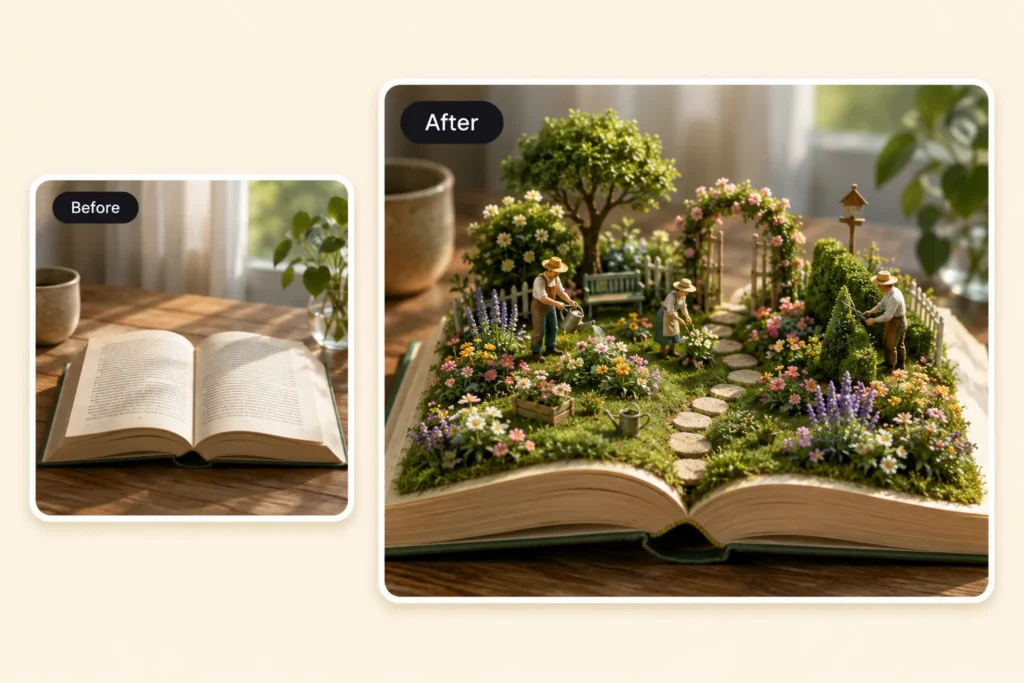Before and after AI miniature photo showing an open book turned into a tiny garden world
