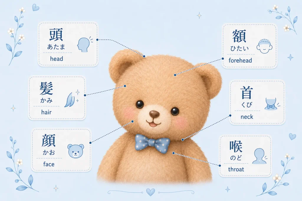 Head and neck body parts in Japanese labeled on a cute bear illustration