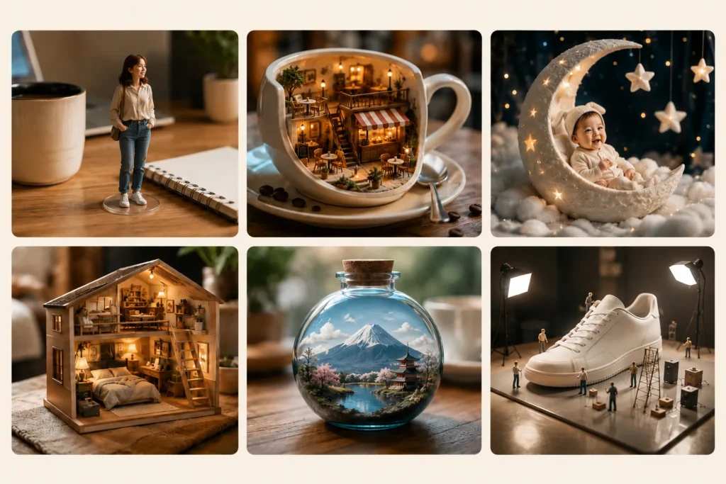 AI miniature photo ideas gallery showing tiny worlds made from a portrait, coffee cup, baby photo, room, travel bottle, and product scene