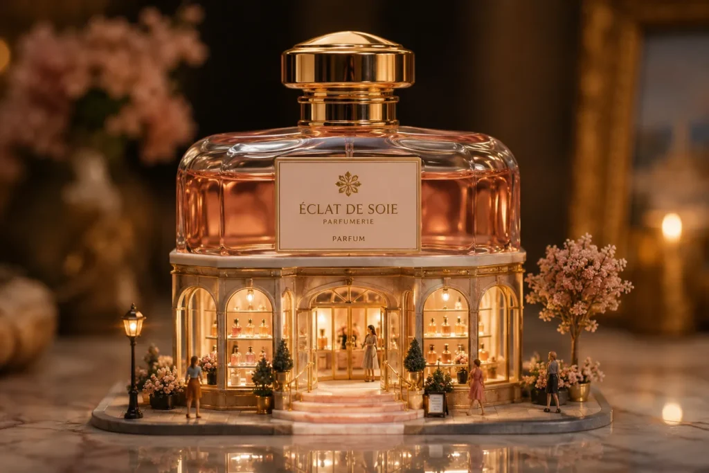 AI miniature photo of a perfume bottle turned into an elegant boutique with arched windows, warm lighting, and a visible fictional label