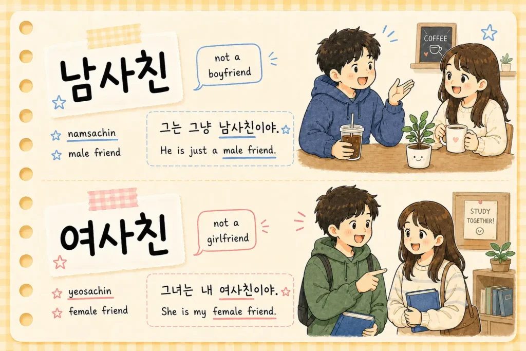 남사친 is short for 남자 사람 친구, meaning a male person friend. It means a male friend who is not your boyfriend. 여사친 is short for 여자 사람 친구, meaning a female person friend. It means a female friend who is not your girlfriend.