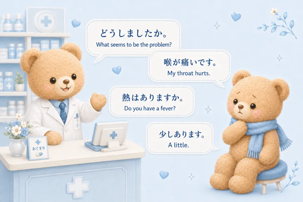 Cute bear doctor and patient using Japanese phrases for throat pain and fever