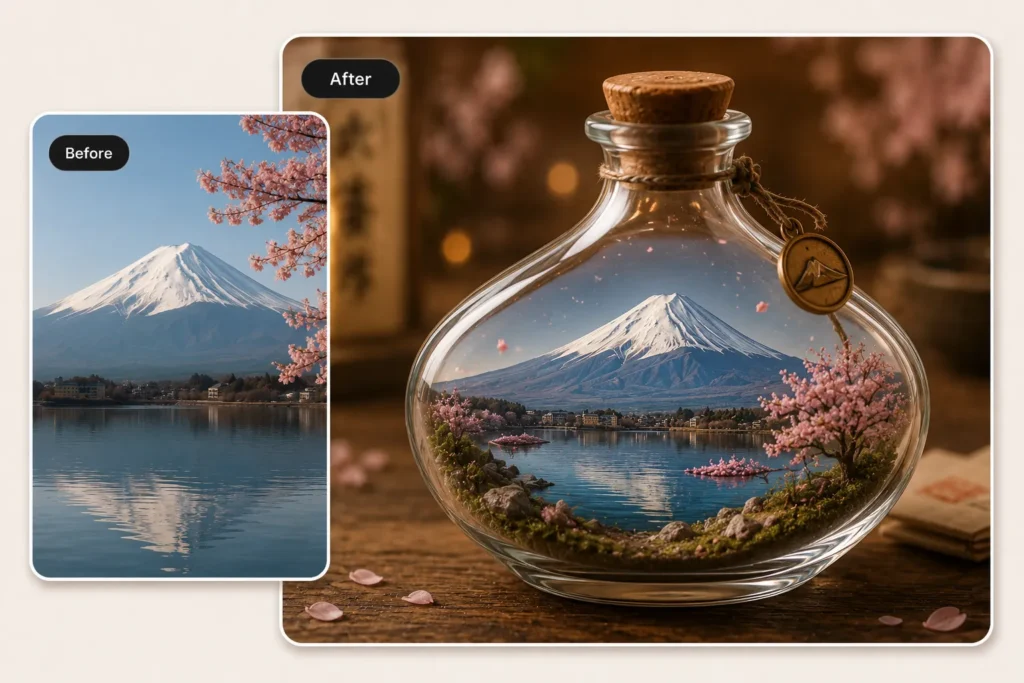 Before and after AI miniature photo showing Mount Fuji transformed into a tiny landscape inside a glass bottle with cherry blossoms and reflections