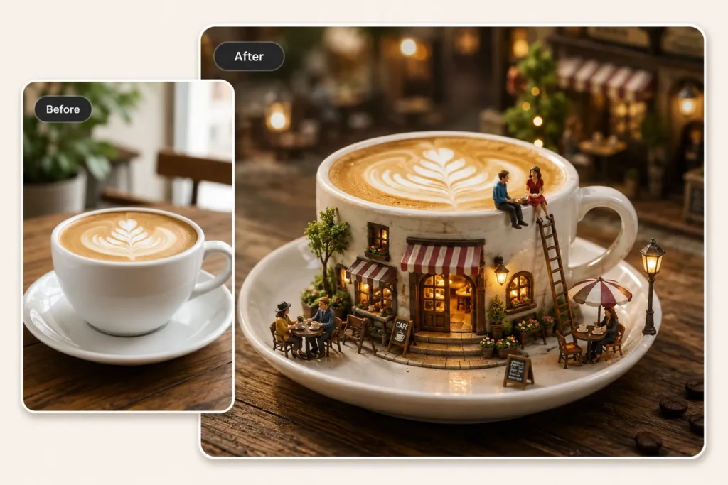 Before and after AI miniature photo showing a latte cup turned into a tiny café world with warm lights, tiny people, ladders, and outdoor tables