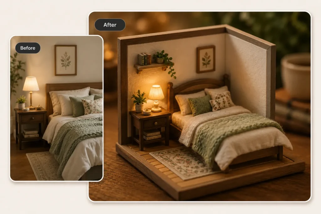 Before and after AI miniature photo showing a cozy bedroom turned into a tiny dollhouse diorama with warm lighting and realistic room details