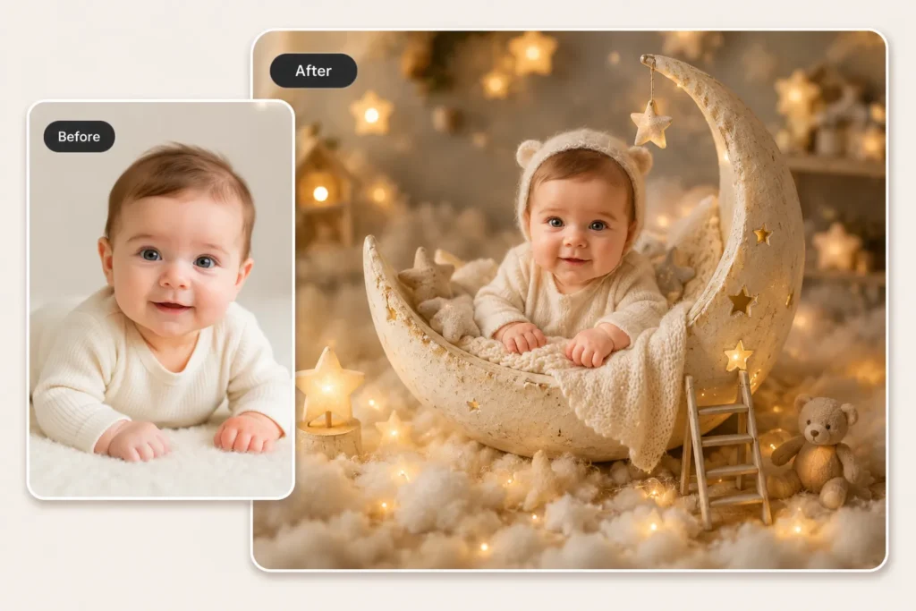 Before and after AI miniature photo showing a baby portrait transformed into a moon cradle scene with clouds, stars, warm lights, and a teddy bear