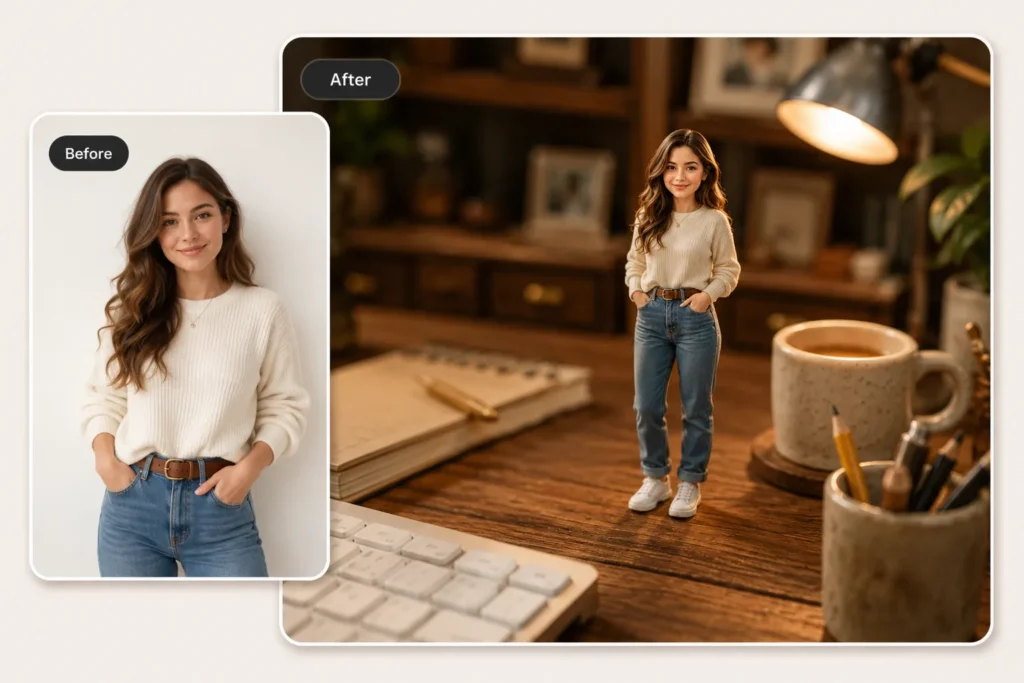 Before and after AI miniature photo showing a portrait turned into a tiny desk figurine with warm workspace lighting, a coffee mug, notebook, and pencil cup