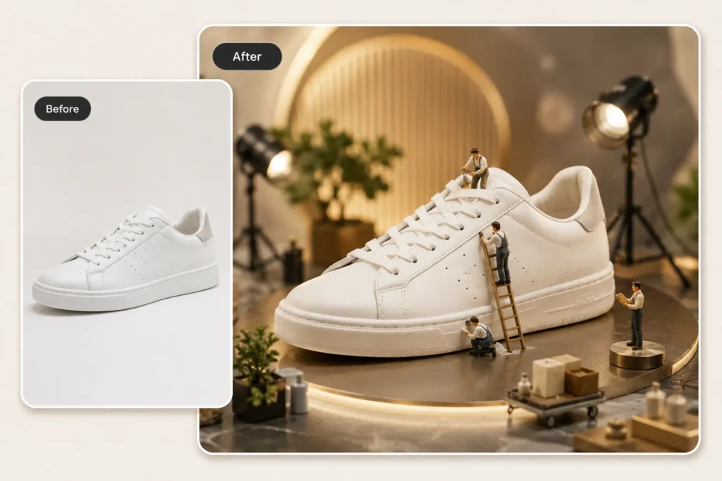 Before and after AI miniature photo showing a white sneaker turned into a product photography set with tiny workers, ladders, and studio lights