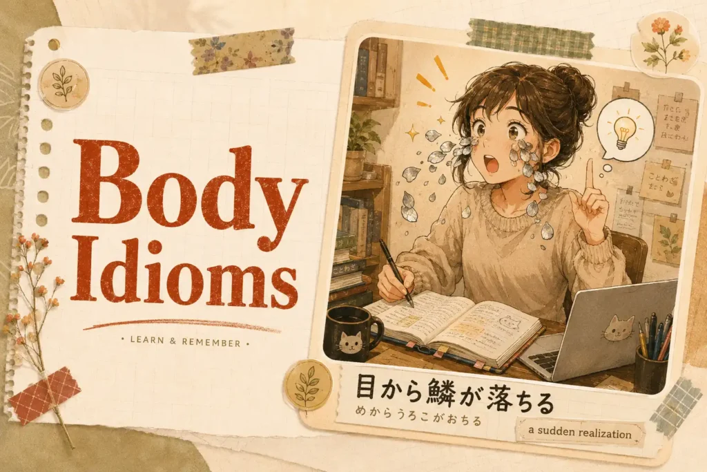 Japanese body idioms study card for ็ฎใใ้ฑใ่ฝใกใ, meaning a sudden realization, with a learner having an aha moment.