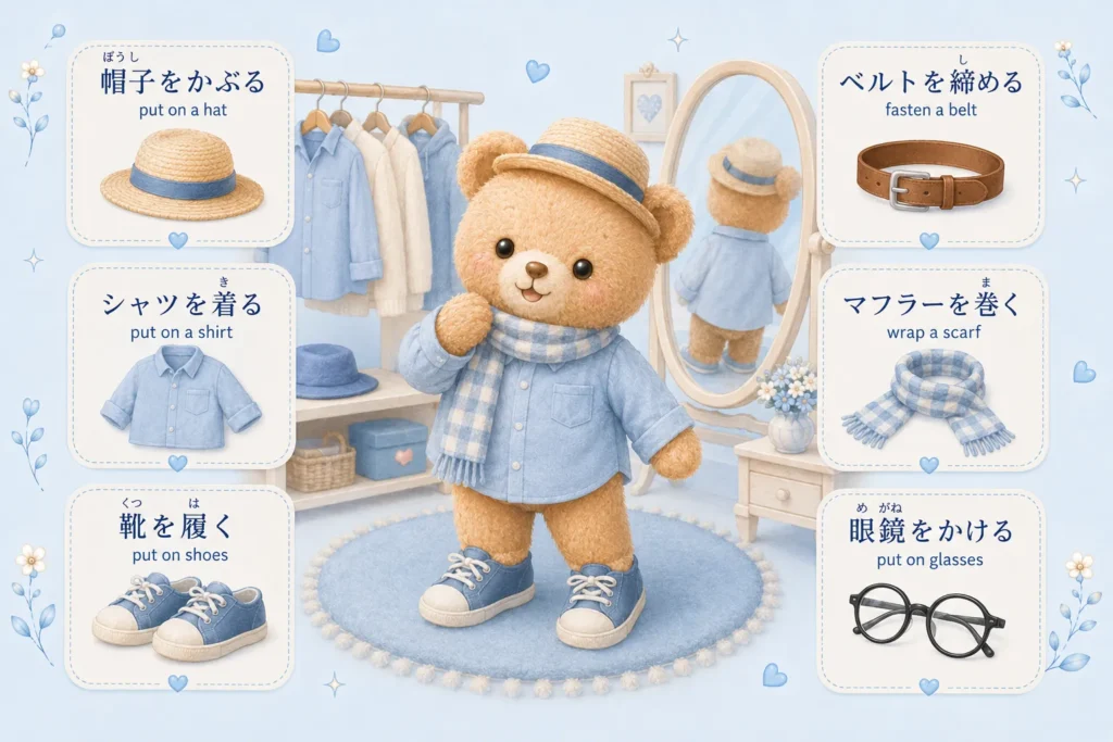 Japanese clothing verbs for hats, shirts, shoes, belts, scarves, and glasses