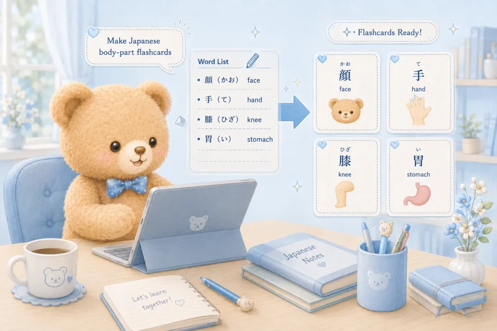 Cute bear creating Japanese body part flashcards from a vocabulary word list