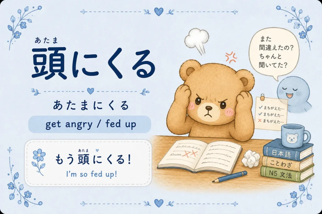 Japanese idiom 頭にくる meaning to get angry or fed up