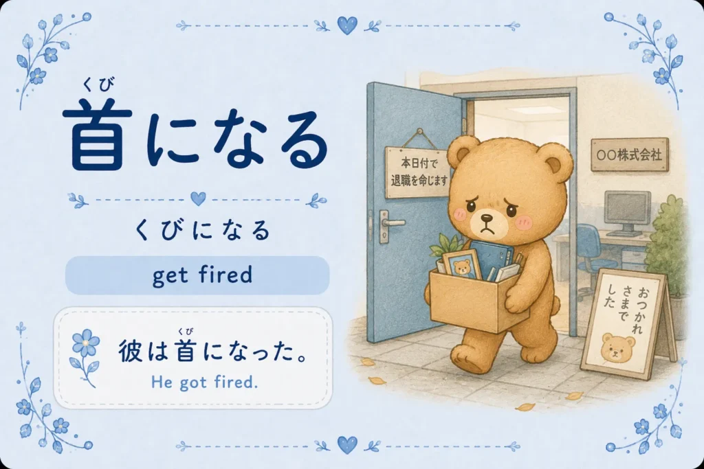Japanese idiom 首になる meaning to get fired with a cute bear office scene