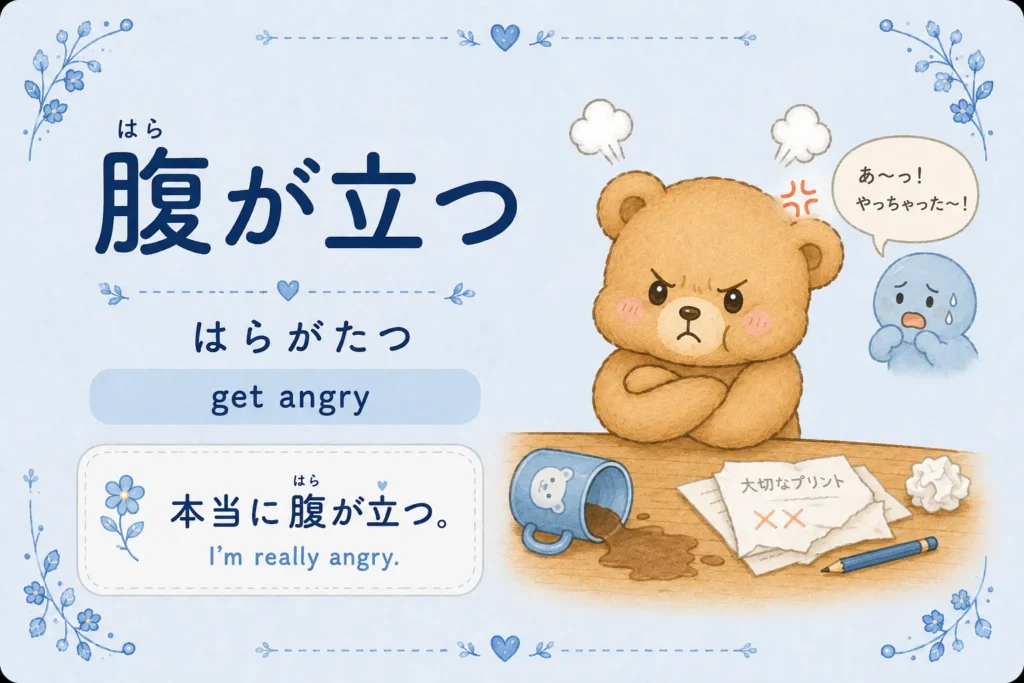 Japanese idiom 腹が立つ meaning to get angry with example sentence
