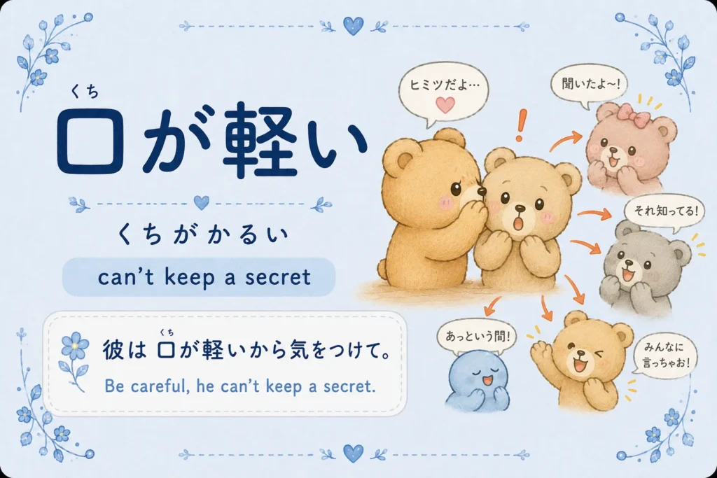 Japanese idiom 口が軽い meaning someone cannot keep a secret