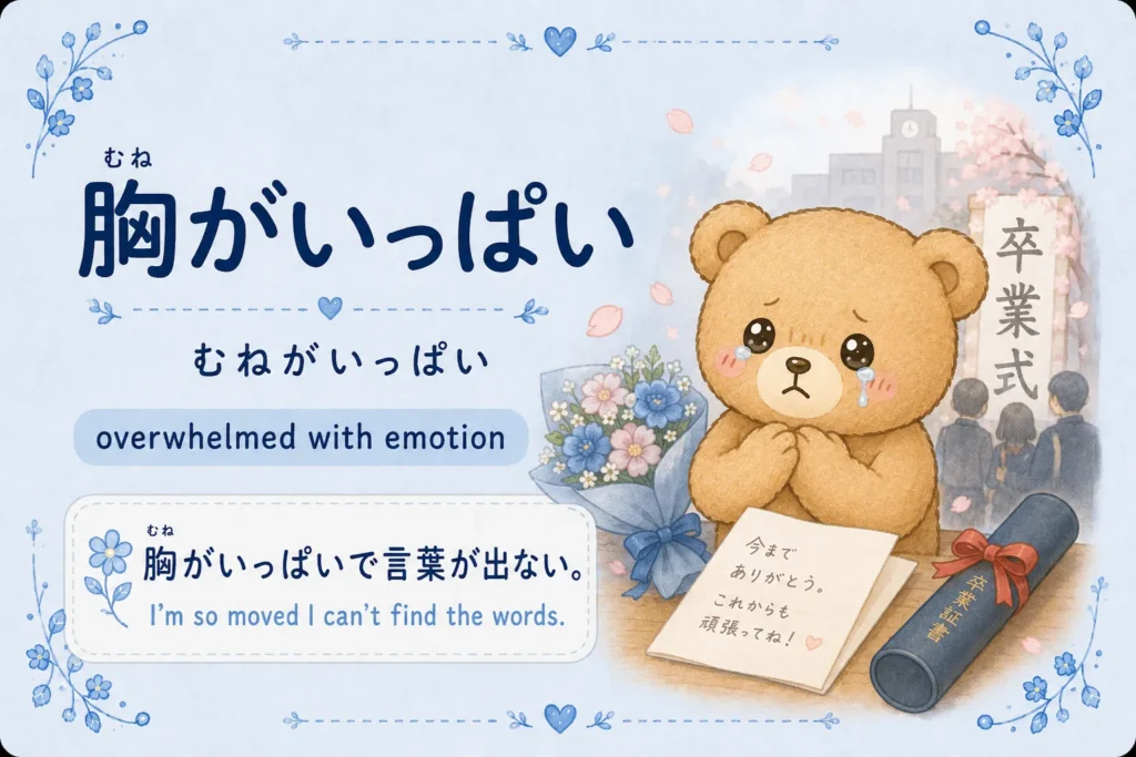 Japanese idiom 胸がいっぱい meaning overwhelmed with emotion at graduation