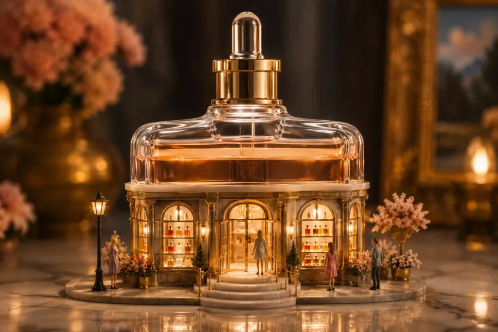 AI miniature photo of a perfume bottle transformed into a tiny luxury boutique storefront with warm lights, flowers, and tiny people