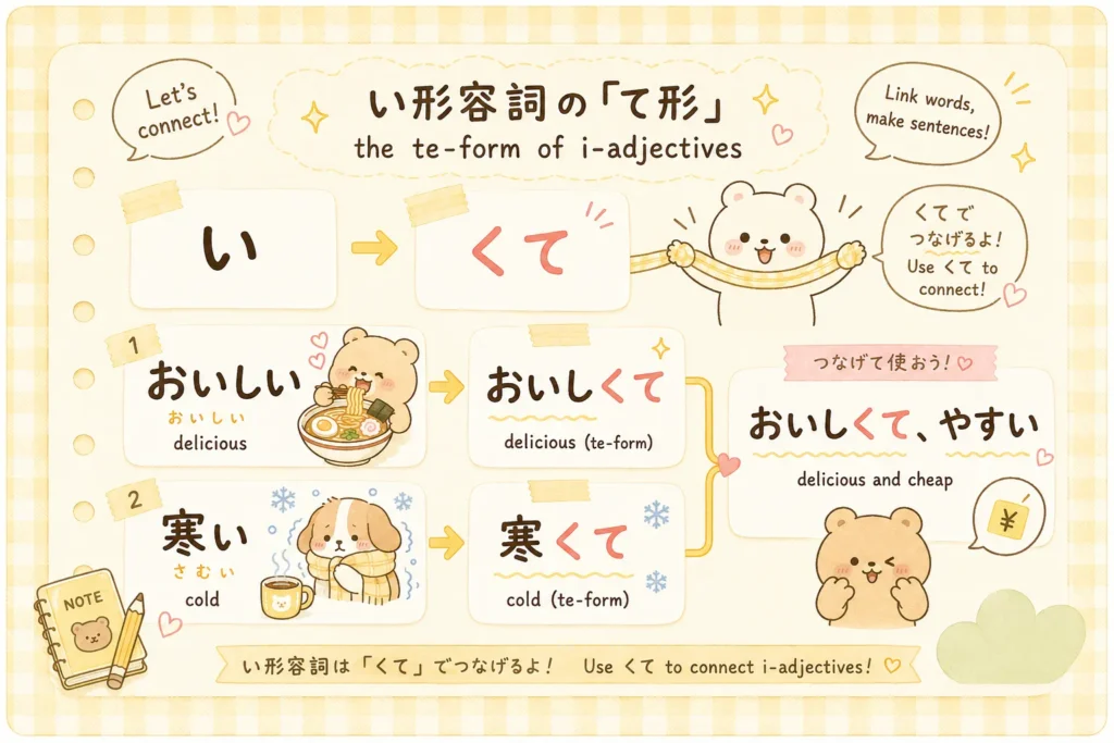 Japanese i adjective te form chart showing おいしくて and 寒くて examples