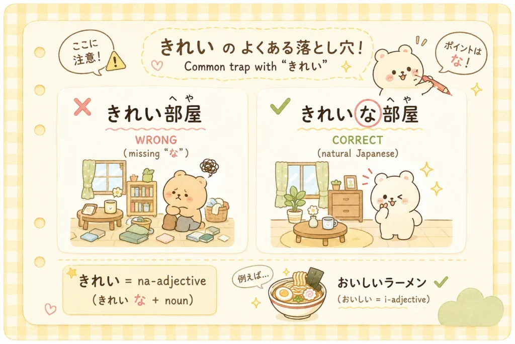 Common きれい mistake showing why きれいな部屋 needs な before a noun