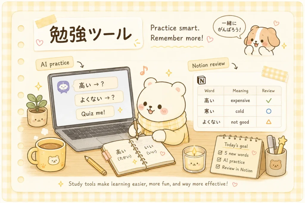 Japanese i adjective study tools with AI practice and Notion review flashcards