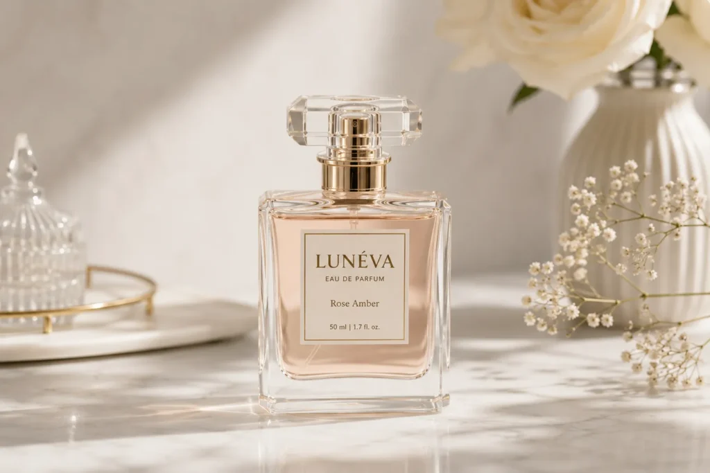 Original LUNÉVA perfume bottle used as a reference image for an AI miniature photo prompt