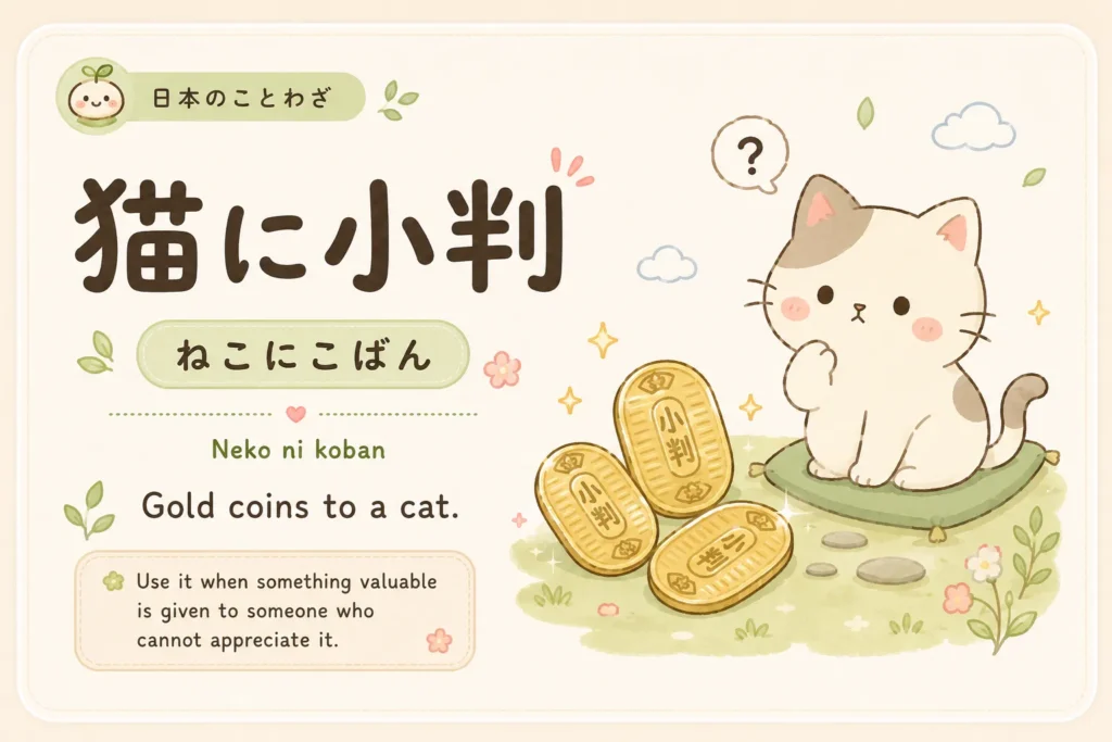 猫に小判
ねこにこばん · Neko ni koban
Meaning: Gold coins to a cat.
Use it when: You want to describe giving something valuable to someone who cannot appreciate it.