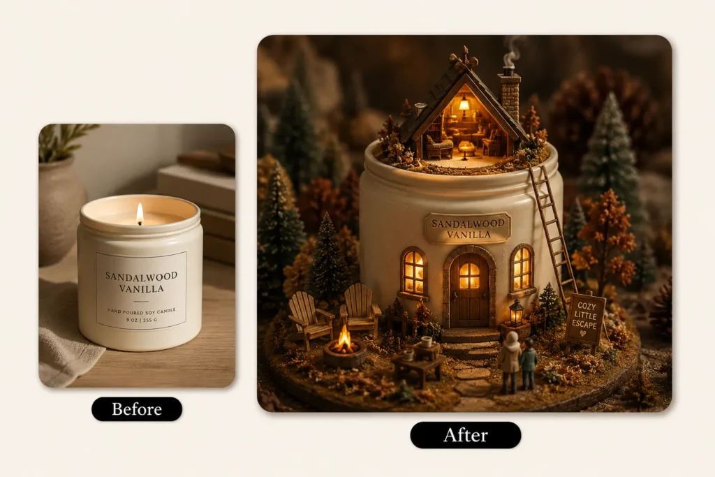 Before and after AI miniature photo showing a candle turned into a tiny cozy cabin scene