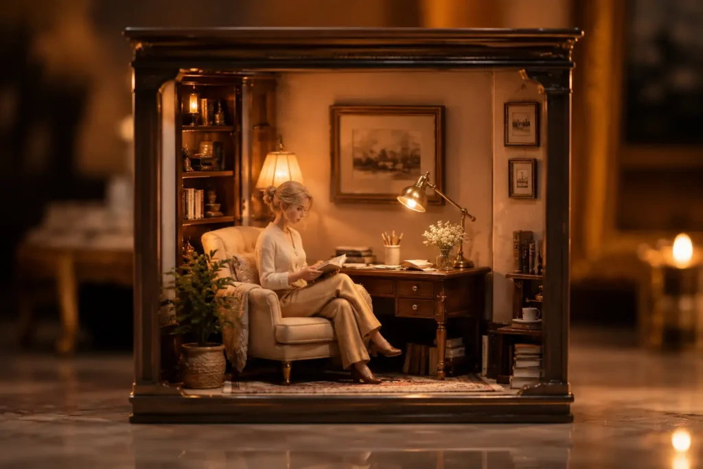 AI miniature photo of a cozy reading nook diorama with a tiny figure, warm desk lighting, books, plants, and handcrafted room details