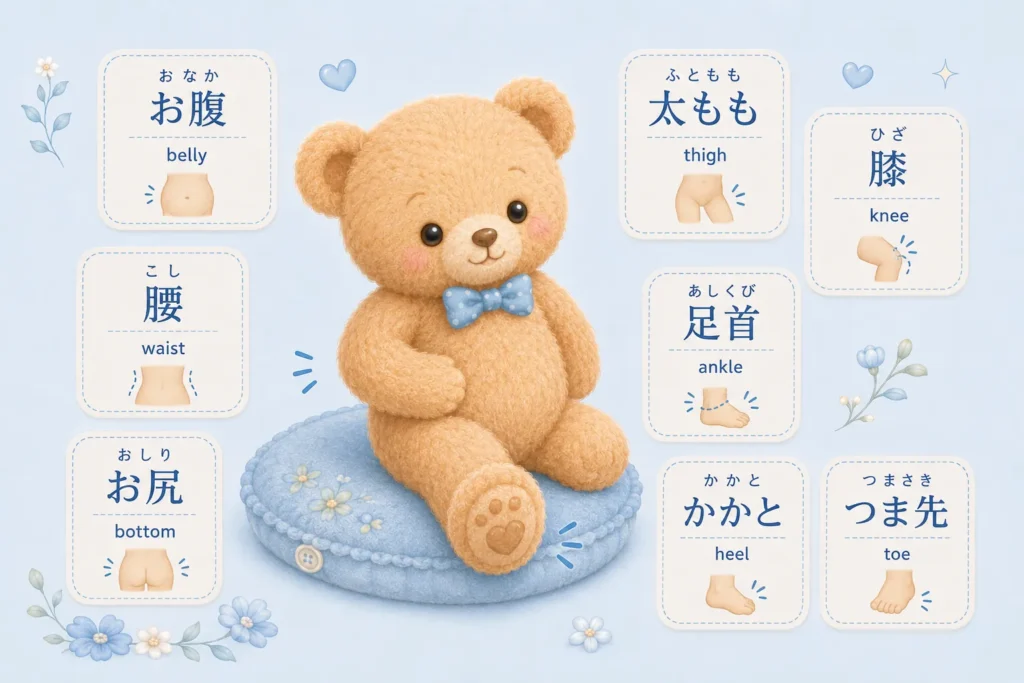 Lower body parts in Japanese with words for belly, waist, knee, ankle, heel, and toe
