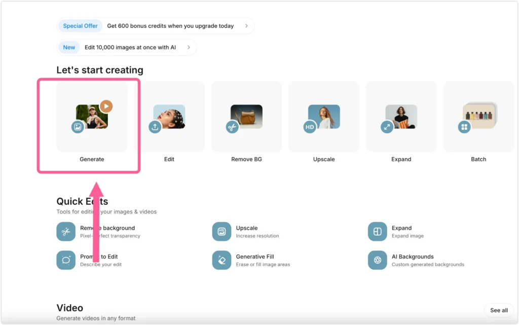 Pixelcut dashboard with the Generate tool highlighted for creating an AI miniature photo