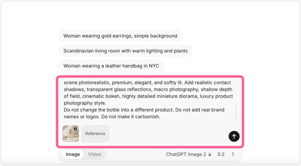 Pixelcut Generate prompt box for creating an AI miniature photo from a perfume bottle reference image