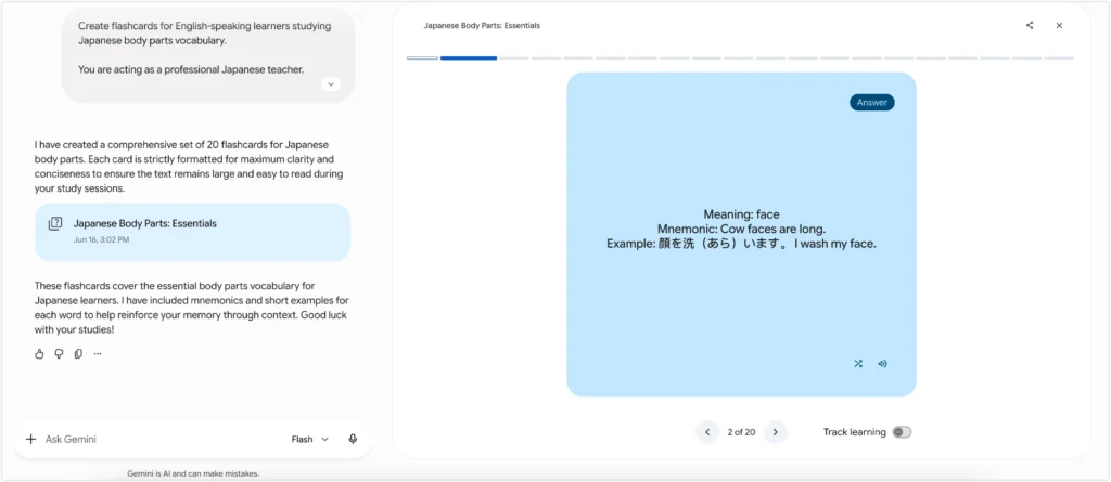Gemini flashcard deck for Japanese body parts vocabulary practice
