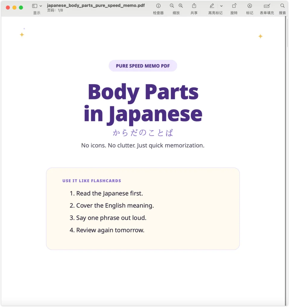 Body parts in Japanese pure speed memo PDF cover for quick vocabulary review
