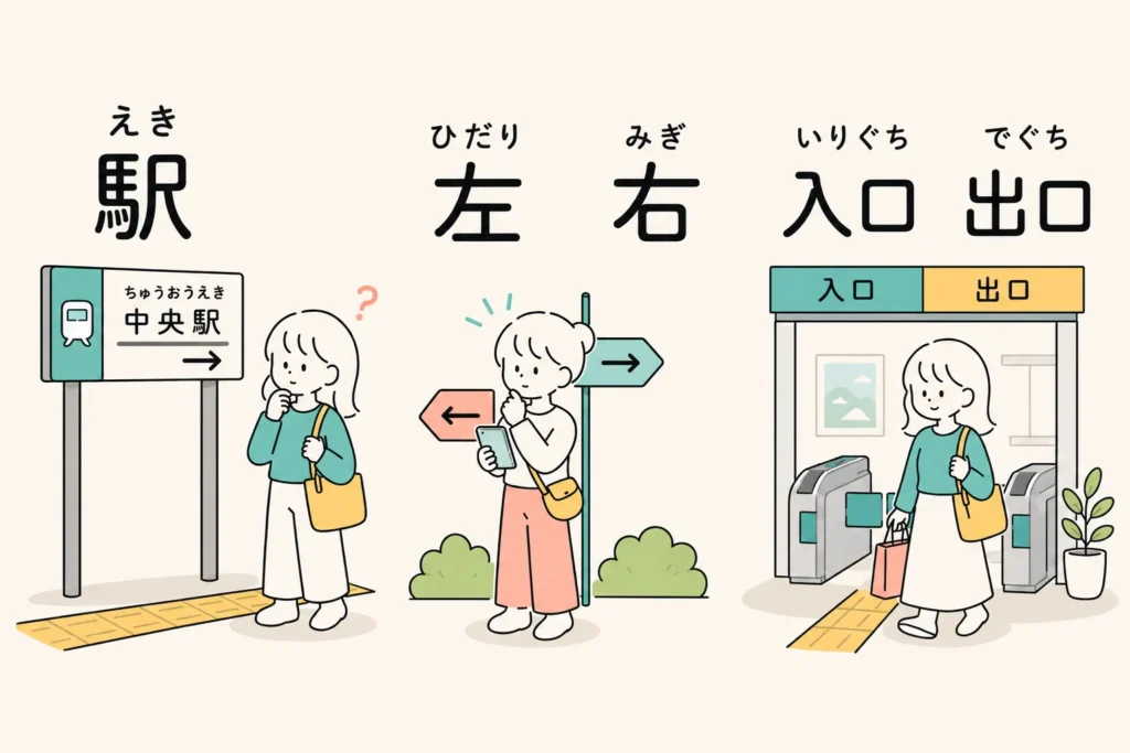 JLPT N5 kanji flashcards for 駅, 左, 右, 入口, and 出口 illustrated with train station navigation