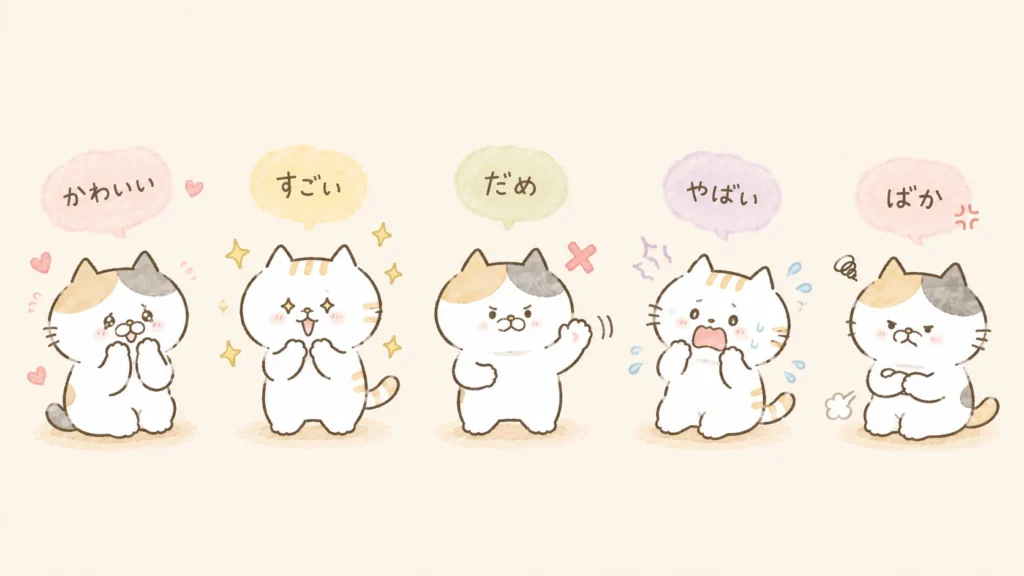 Five cat expressions paired with common Japanese reaction words かわいい, すごい, だめ, やばい, and ばか