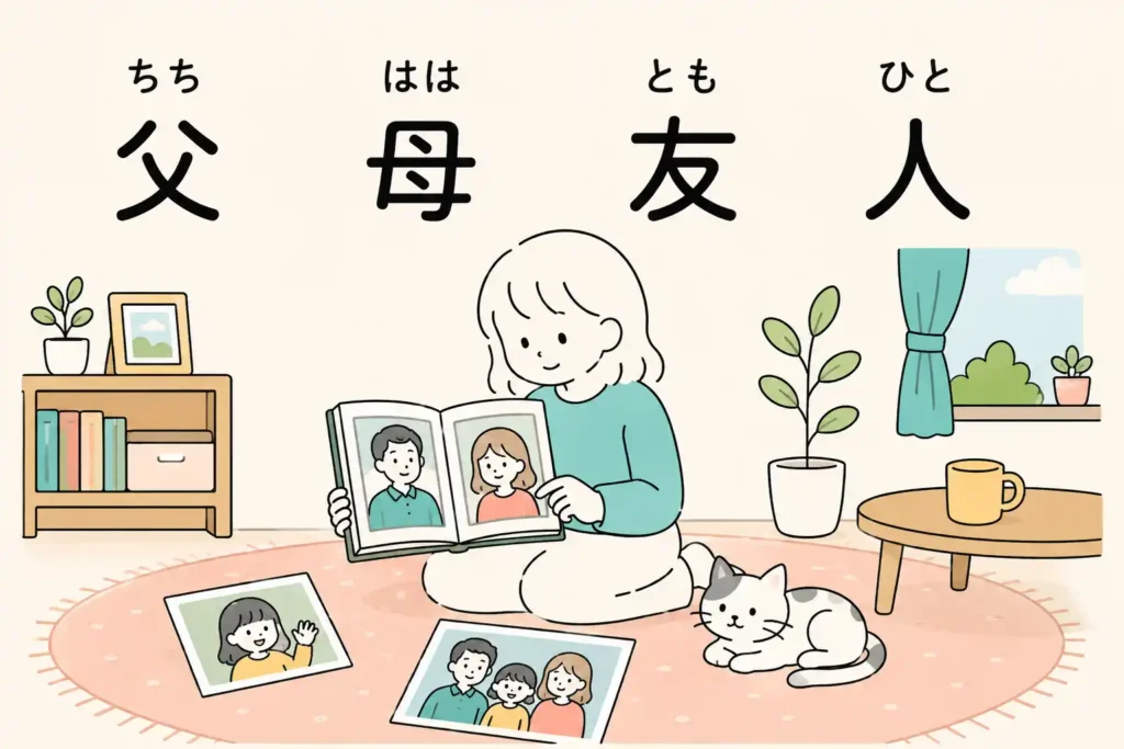 JLPT N5 family kanji flashcards for 父, 母, 友, and 人 with a woman looking at a photo album