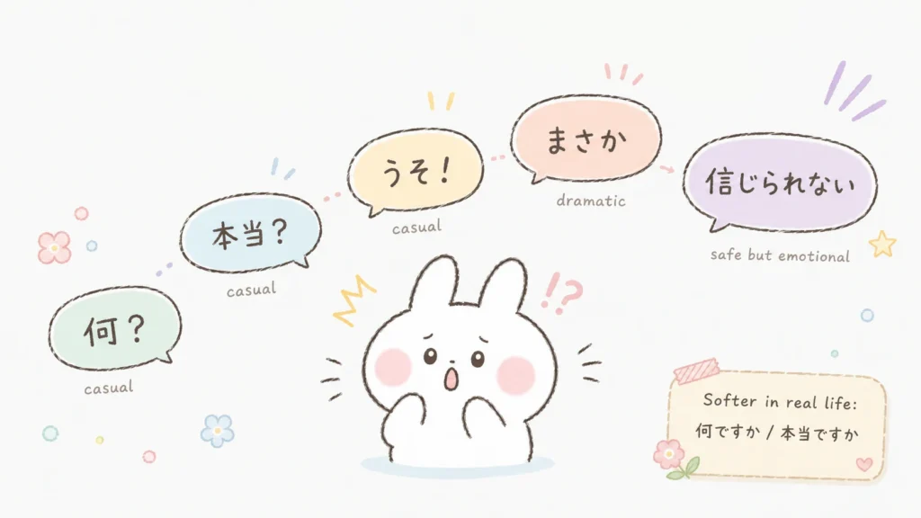 Rabbit character showing a casual to dramatic scale of Japanese surprise phrases from 何? to 信じられない