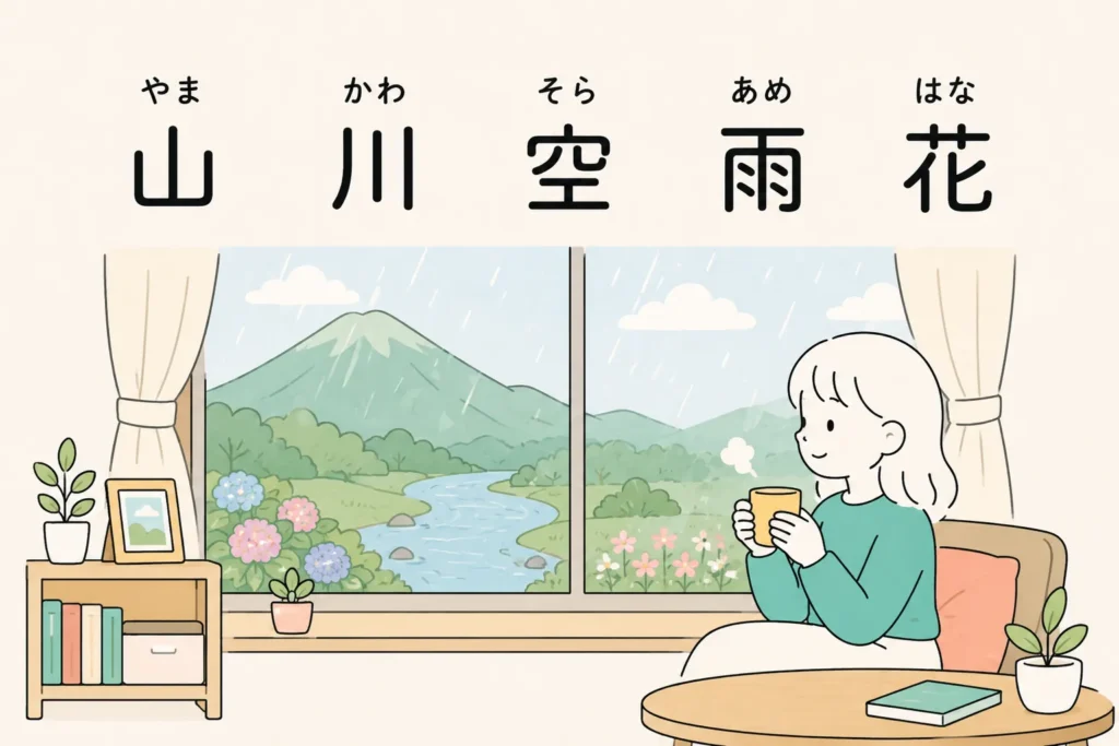 JLPT N5 nature kanji flashcards for 山, 川, 空, 雨, and 花 with a woman viewing a rainy mountain landscape