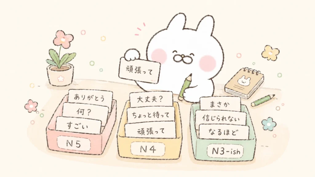 Rabbit sorting Japanese anime phrase flashcards into JLPT N5, N4, and N3-ish boxes