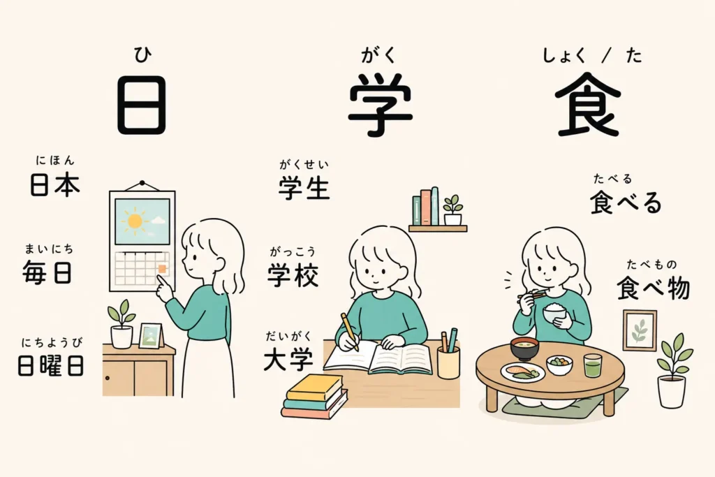 JLPT N5 kanji flashcards for 日, 学, and 食 with example words and daily life illustrations