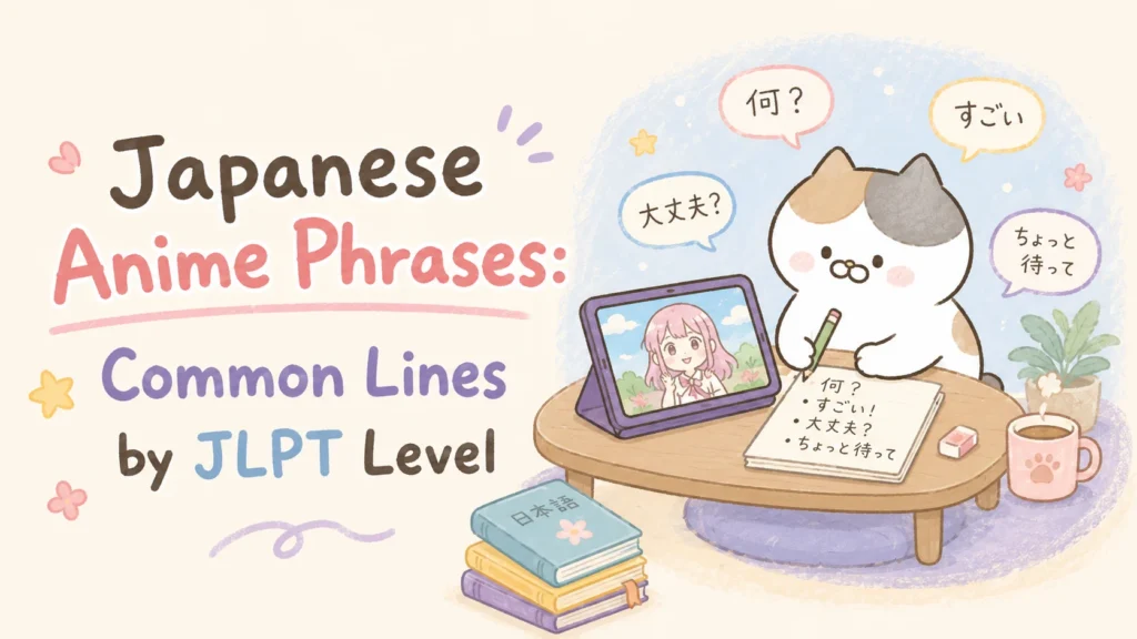 Japanese Anime Phrases Common Lines by JLPT Level featured graphic with a cat writing notes beside an anime scene on a tablet
