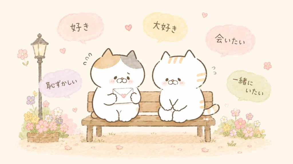 Two anime-style cats on a bench exchanging Japanese confession phrases like 好き, 会いたい, and 一緒にいたい