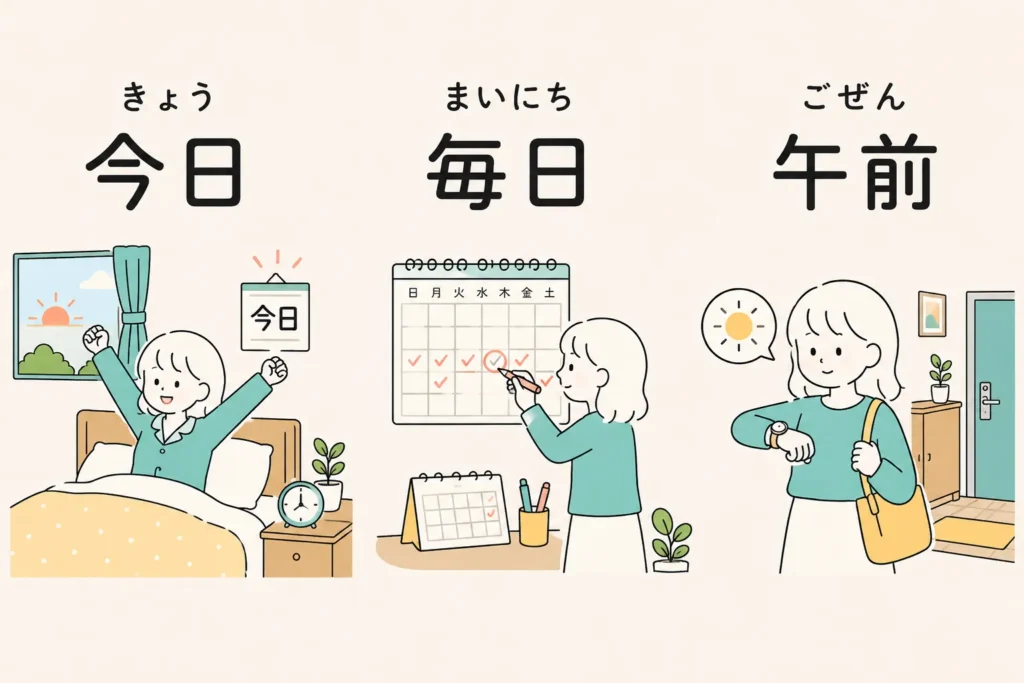 JLPT N5 time kanji flashcards for 今日, 毎日, and 午前 illustrated with a morning routine